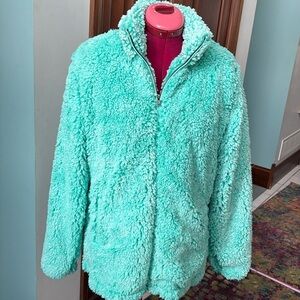 Katydid  fleece jacket Faux fur Mint/ white ends add shimmer  full zip front szM